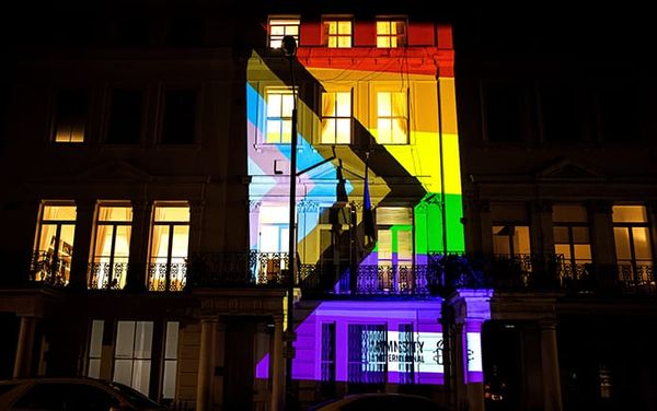 Pride flag projected onto Ukrainian government buildings to highlight anti-LGBTQ+ hate crime
