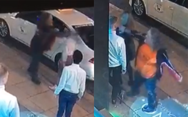 Horrifying footage shows stranger attacking gay couple and one of their mothers unprovoked