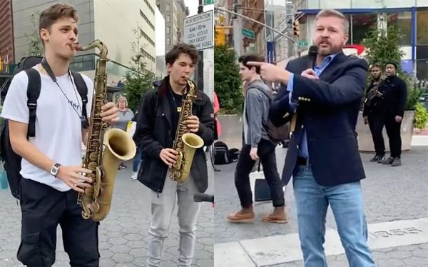 Street musicians drown out homophobic preacher in New York City