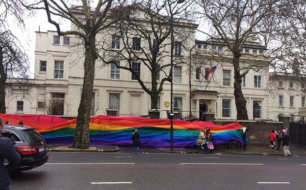 Russian embassy wrapped in rainbow flag to protest Chechnya’s anti-gay purge