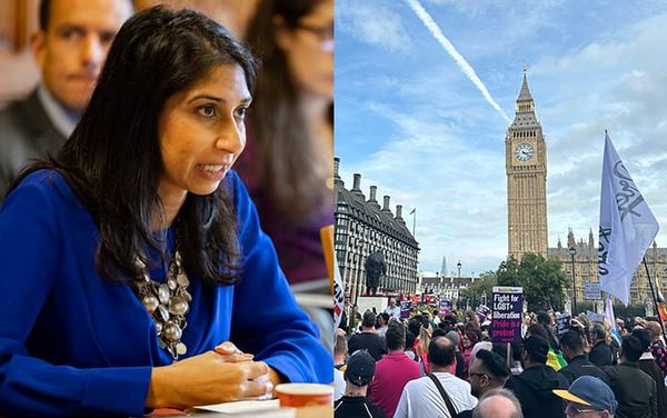 Hundreds protest Suella Braverman’s gay asylum comments outside Parliament