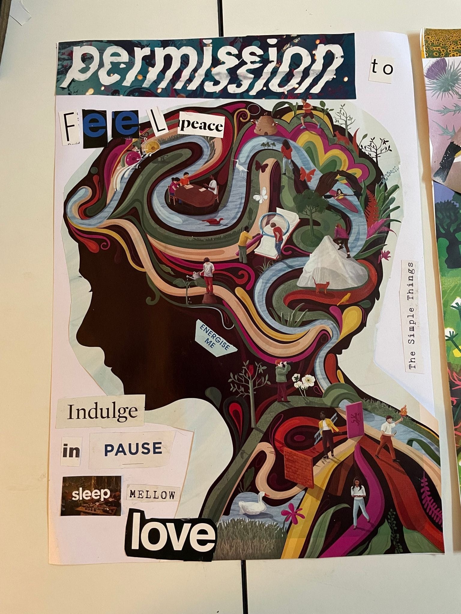 Collage image with a woman silhouette with rivers and people. The words say "Permission to feel peace"