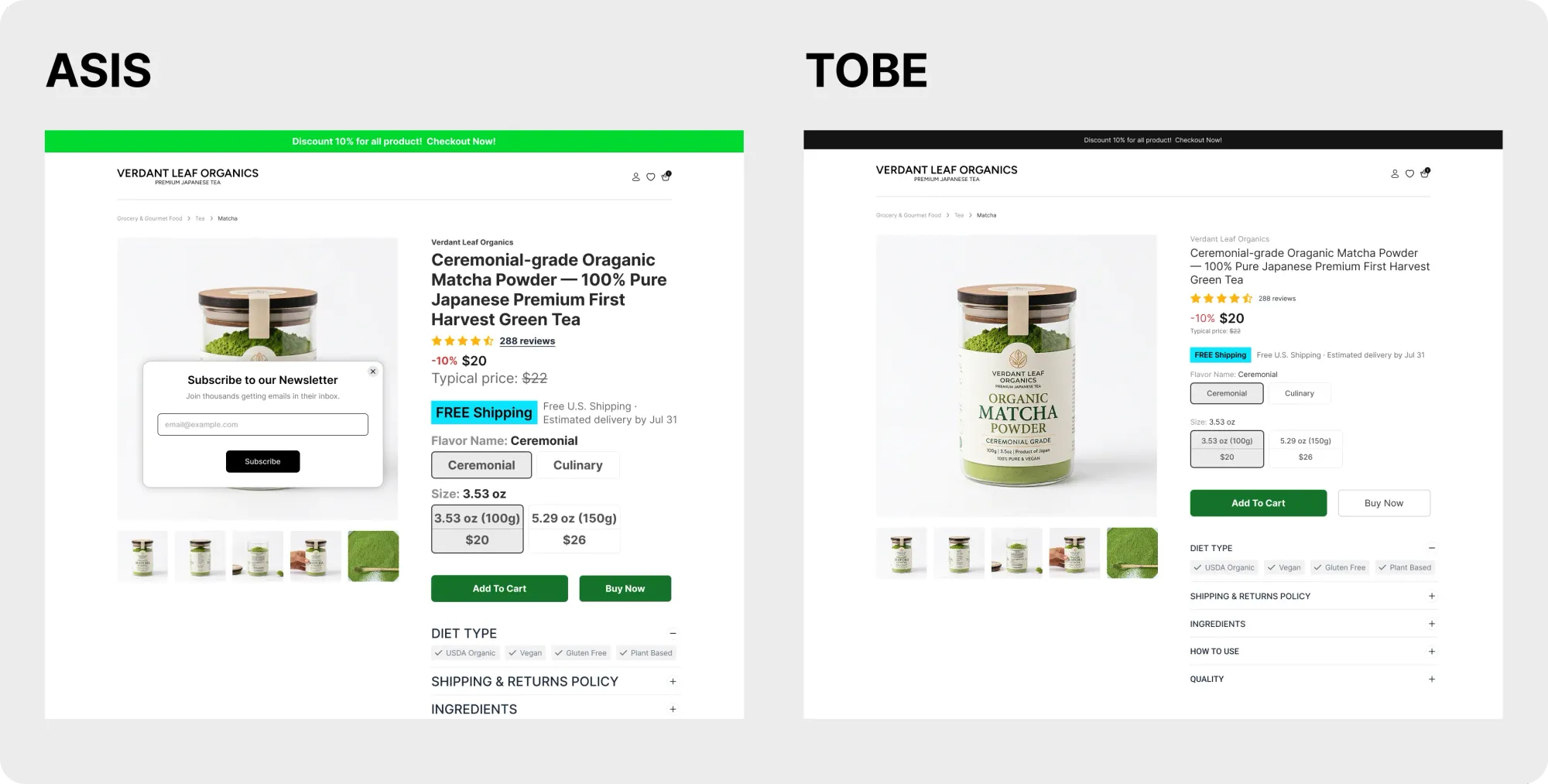 Comparison of a cluttered Shopify product page and one with a clear visual hierarchy