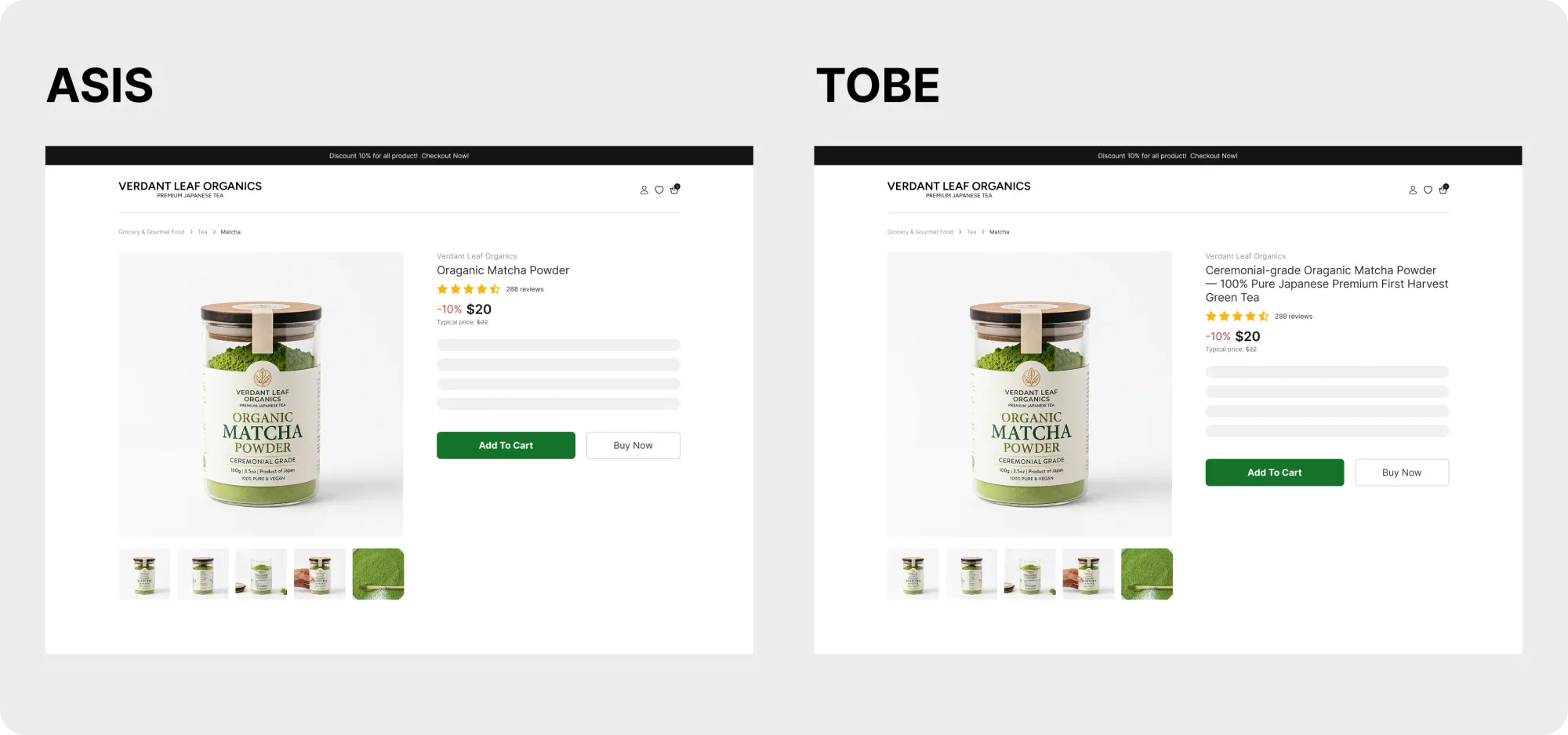 Comparison of a generic product title and a benefit-driven product title on a Shopify product page