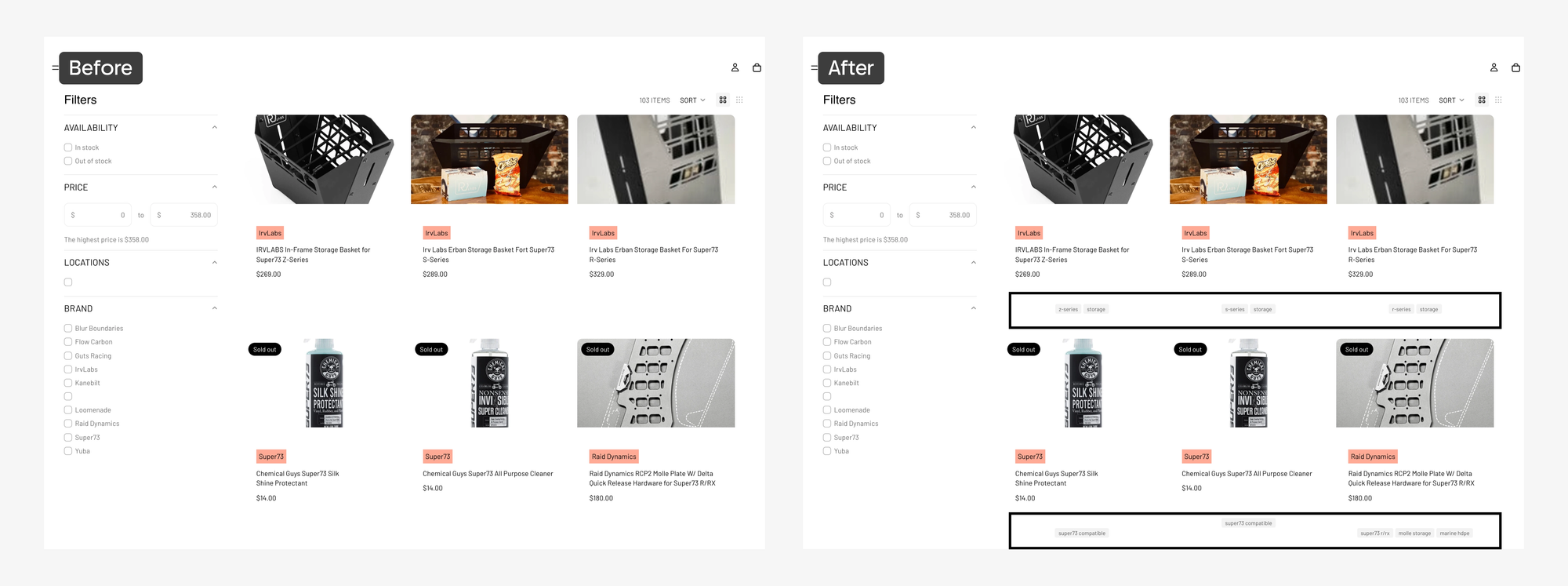 Anonymized before-and-after product discovery navigation showing improved search tags and collection context