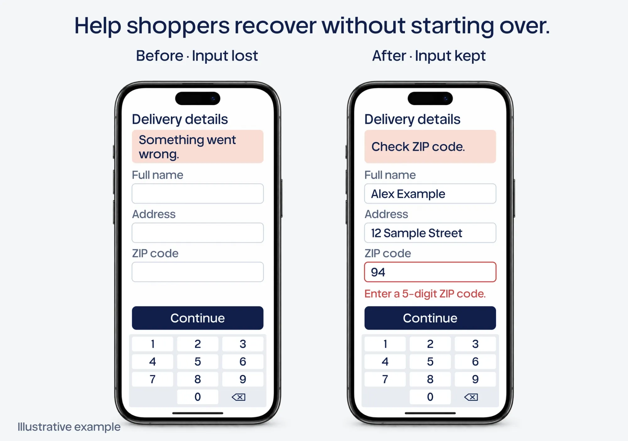Illustrative mobile checkout form with autofill, validation and error-recovery considerations