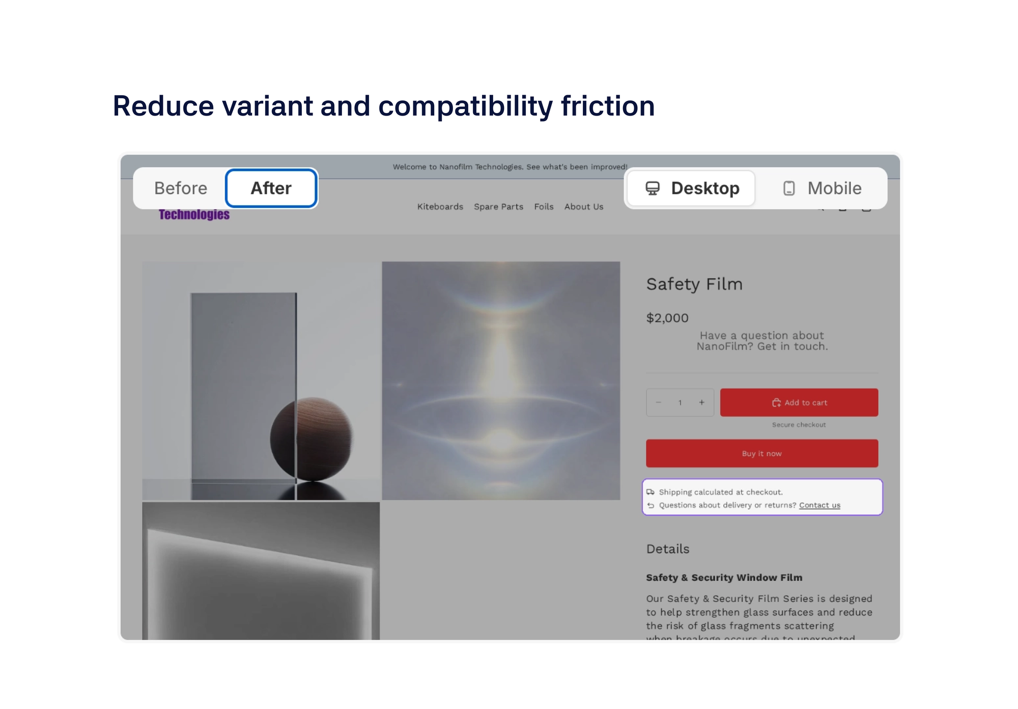 Mobile product page experience with product information and purchase action