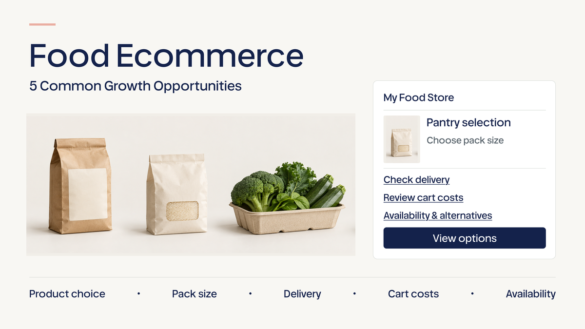 Food ecommerce purchase decisions covering product choice, pack size, delivery, cart costs, and availability.