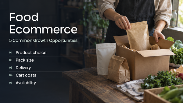 Food ecommerce purchase decisions covering product choice, pack size, delivery, cart costs, and availability.