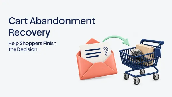 Illustrative cart abandonment recovery flow from an unfinished cart to a purchase decision