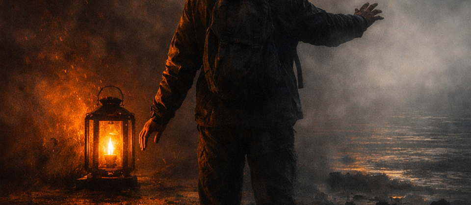 Figure stands between lantern glow and foggy horizon, reaching toward a thin seam of gold.