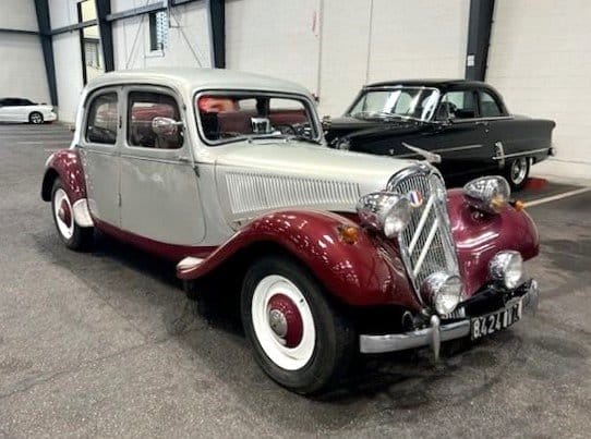 1954 Citroen Traction Avant sedan in two-tone silver and maroon