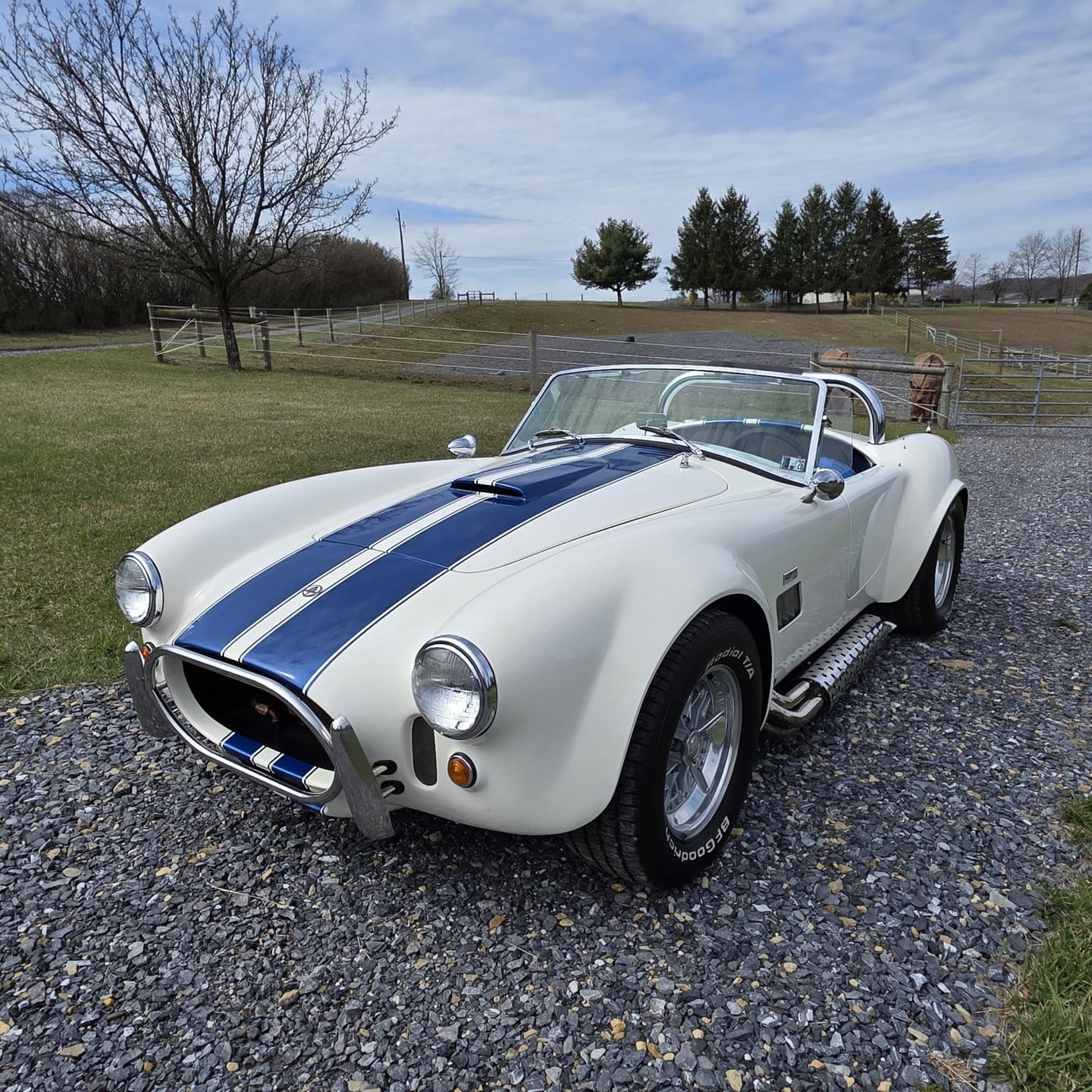 White Shelby Cobra replica with blue racing stripes