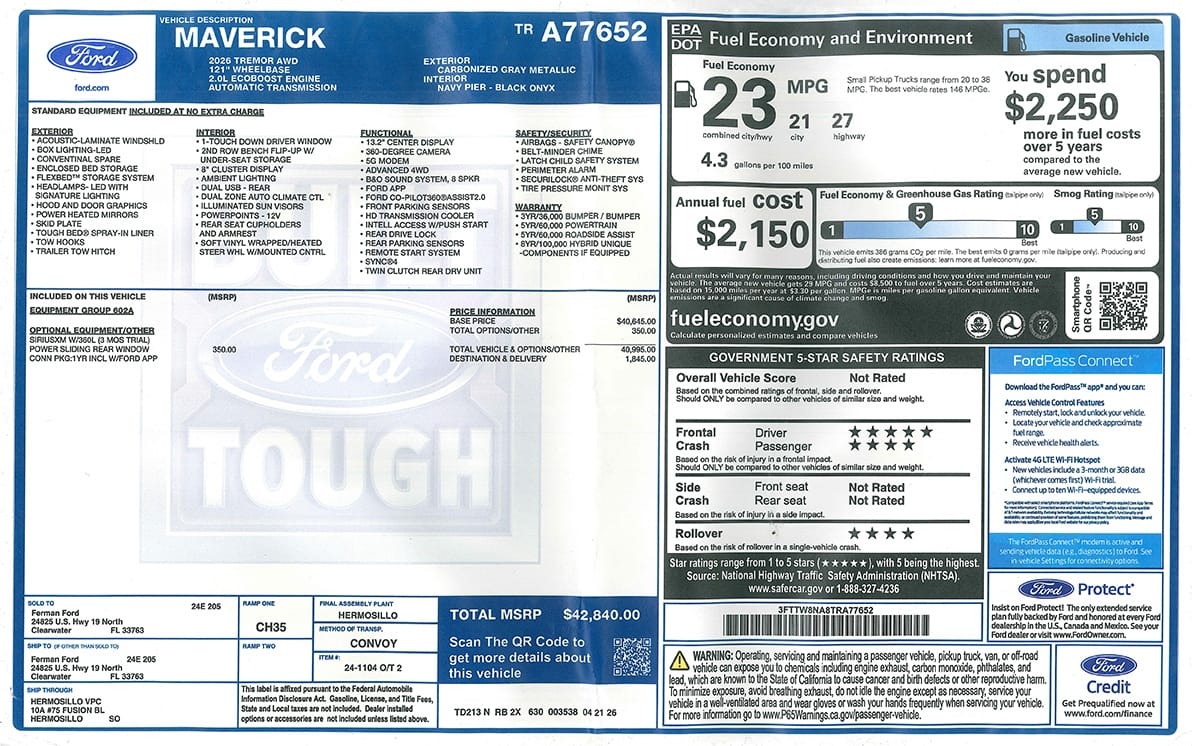 Window sticker for the 2026 Ford Maverick Tremor giveaway truck