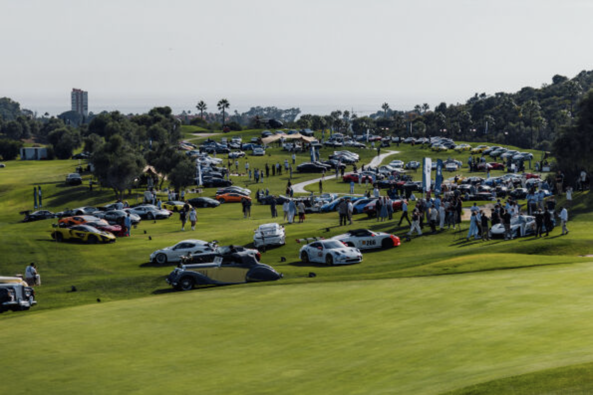 Supercars and classics parked on the lawn at the Higuerón Marbella Golf Resort during the Concurso de Elegancia Costa del Sol Exhibition Day
