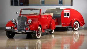 1935 Ford Convertible Sedan with Teardrop Travel Trailer From Broad Arrow Auctions