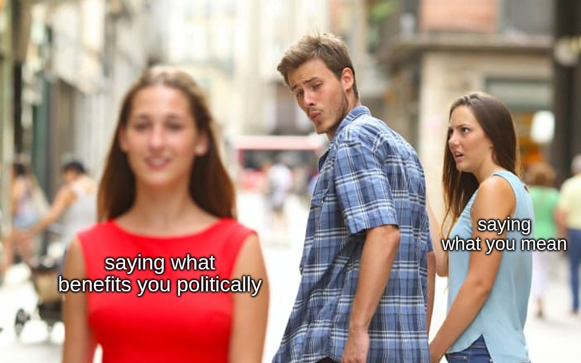 An example of the Distracted Boyfriend meme. This one is about dishonest political statements.