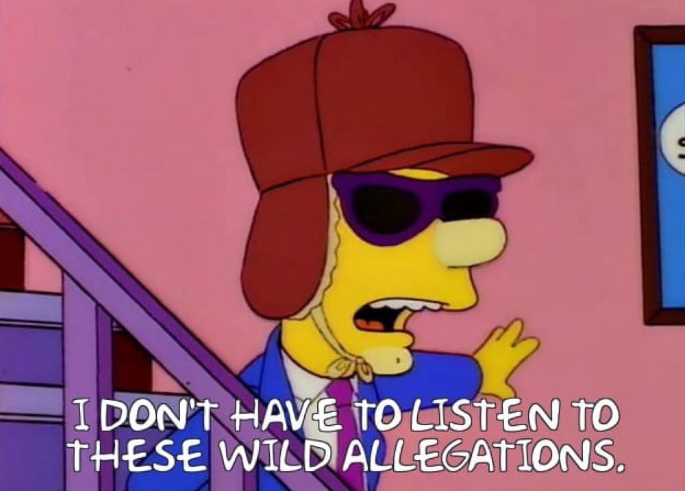 A screen from The Simpsons where Bart is in disguise saying he doesn't have to listen to wild allegations.