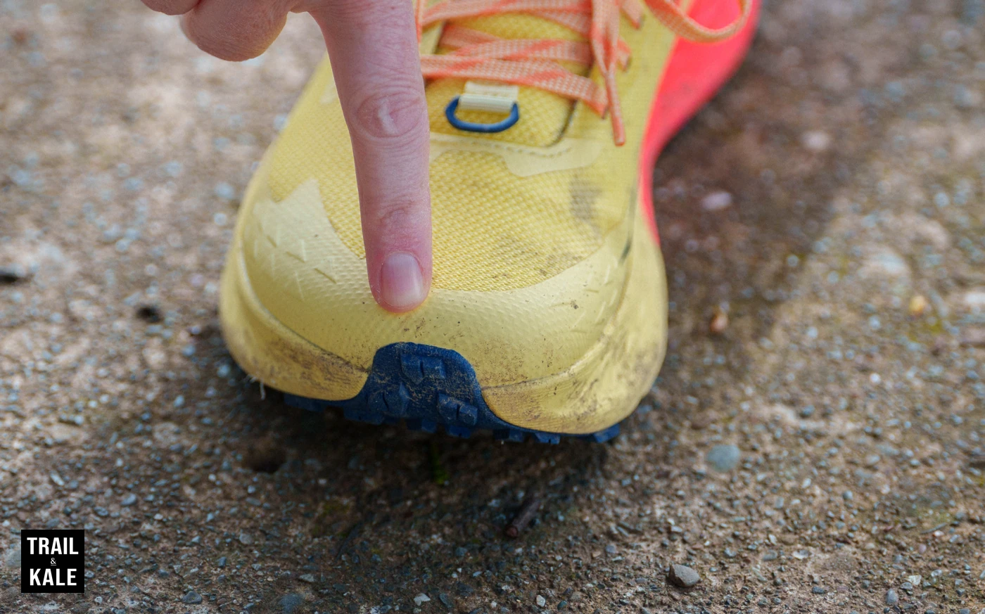 The Timp 5's toe box offers protection from kicked rocks and roots, and the outsole tread wraps nicely up over it for added uphill traction.