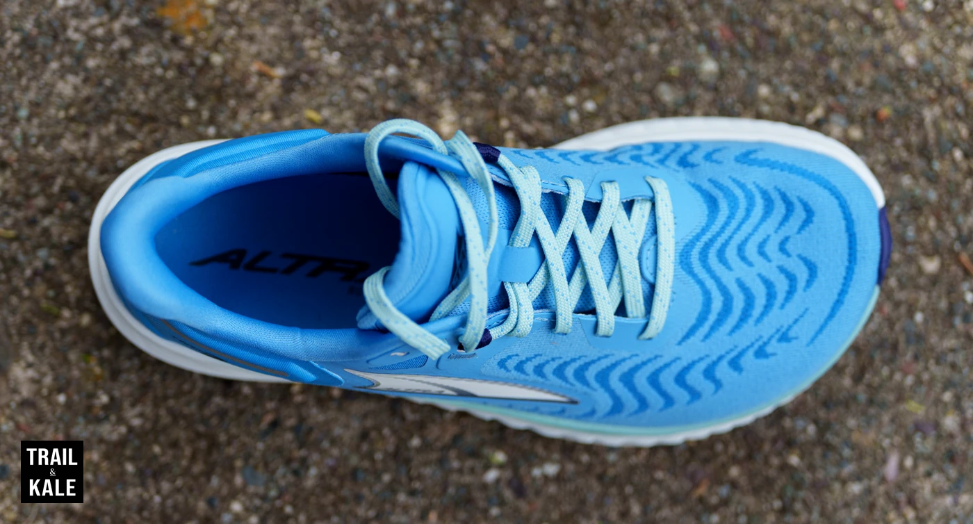 Top down view of the Torin 7, showing Altra's Standard footshape toe box, the well-padded tongue and heel