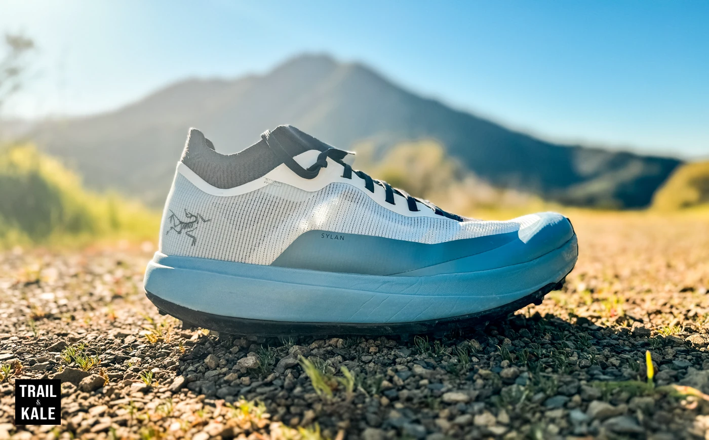 This profile view of the Acteryx Sylan trail running shoes shows the extreme rocker geometry well