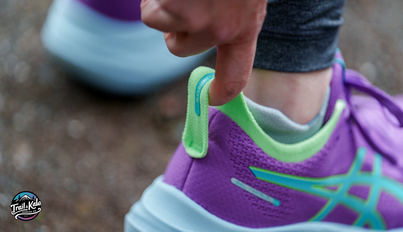 The stretchy heel pull tab on the Asics Nimbus 26