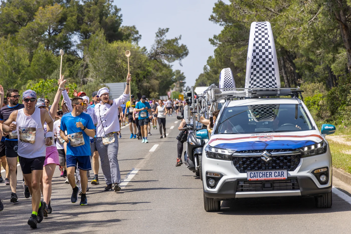 Participants keep going until they are overtaken by a 'Catcher Car'