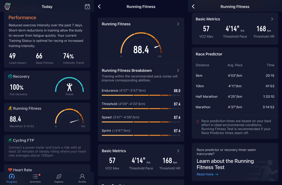 COROS App screenshots performance