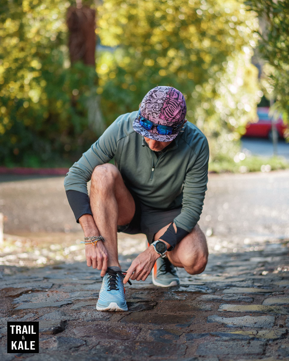 Lacing up for another test run in the HOKA Mach 5