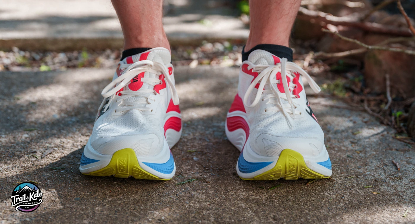 A closer look at the HOKA Skyward X from the front, including that wide toe box, wrapover outsole and asymmetrical tongue.