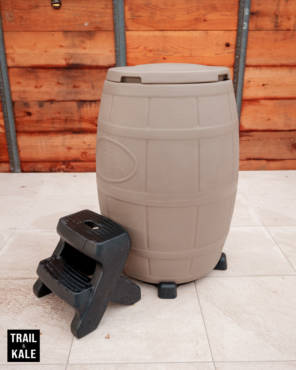 The packed up ice barrel with steps in my backyard ready for a post-workout cold plunge