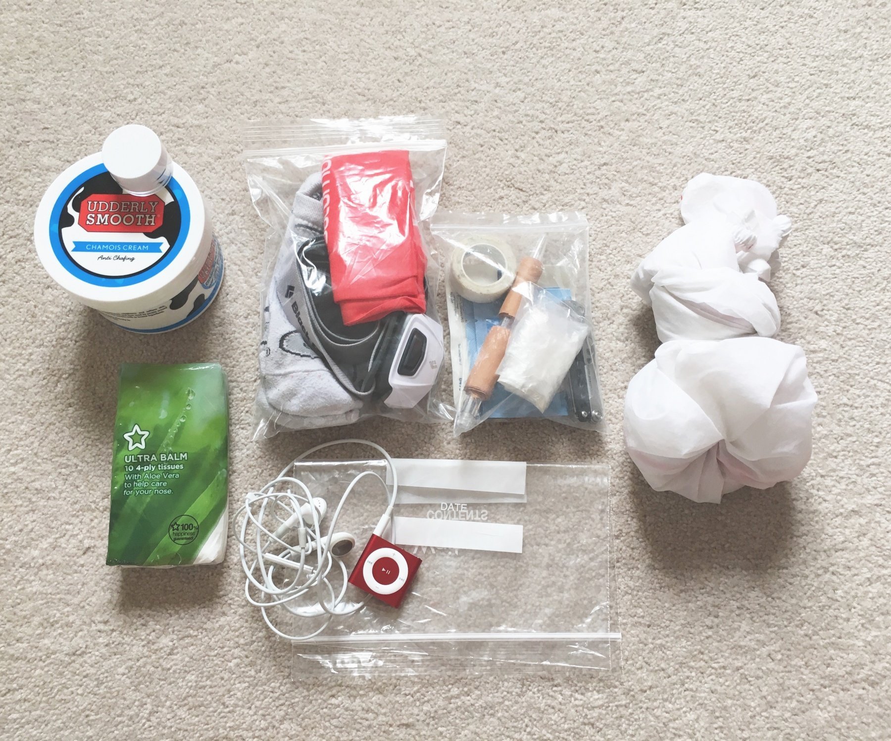 Bag contents (excluding food and water)