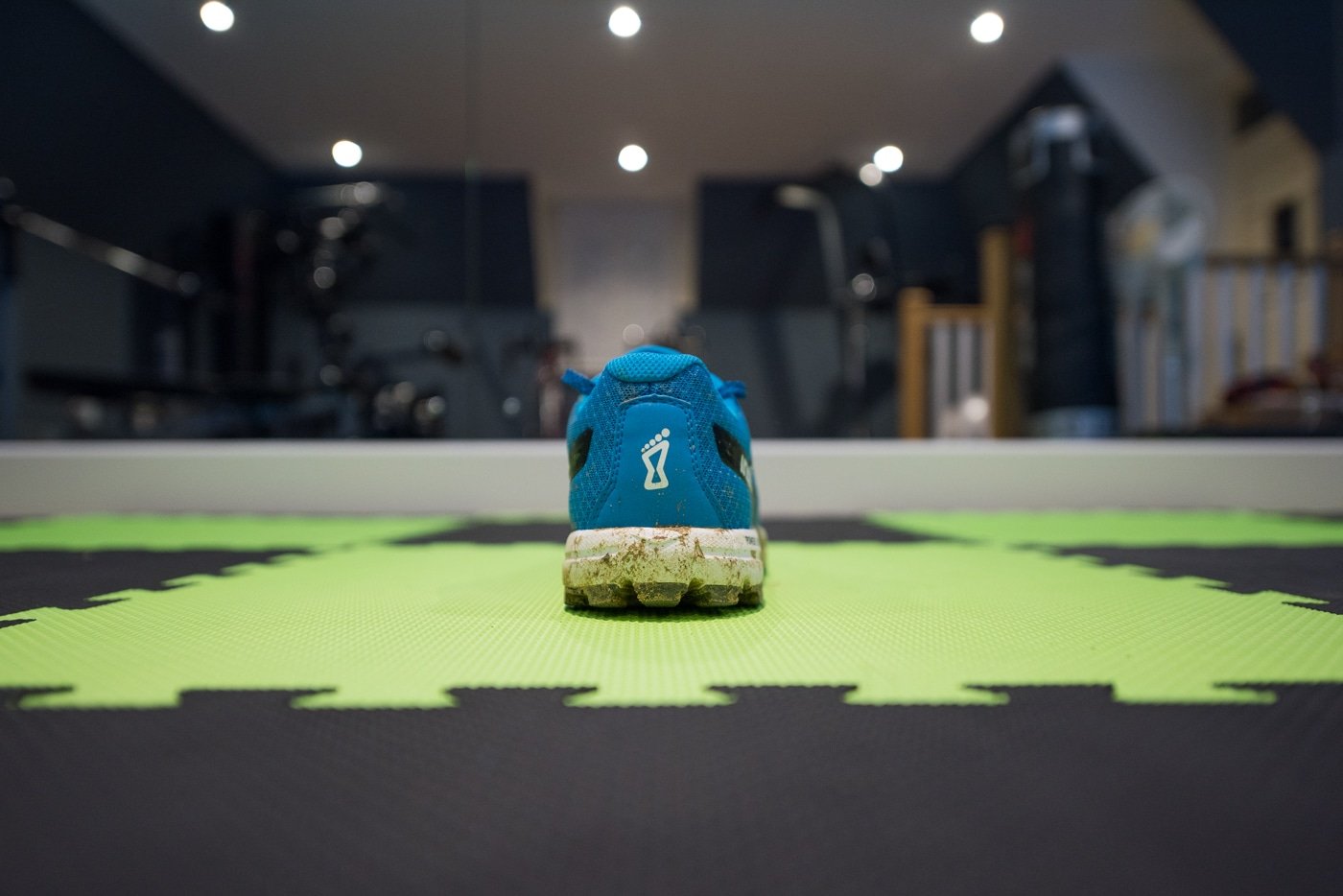 Inov-8 Roclite 290 back view showing the slightly lower heel support.