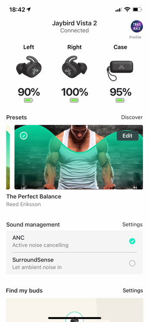 Jaybird Vista 2 App screenshot Trail and Kale