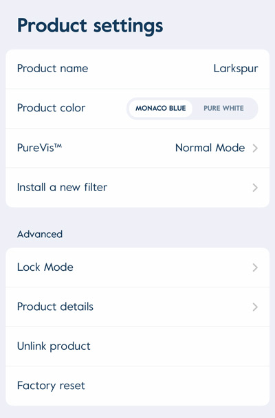LARQ App product settings