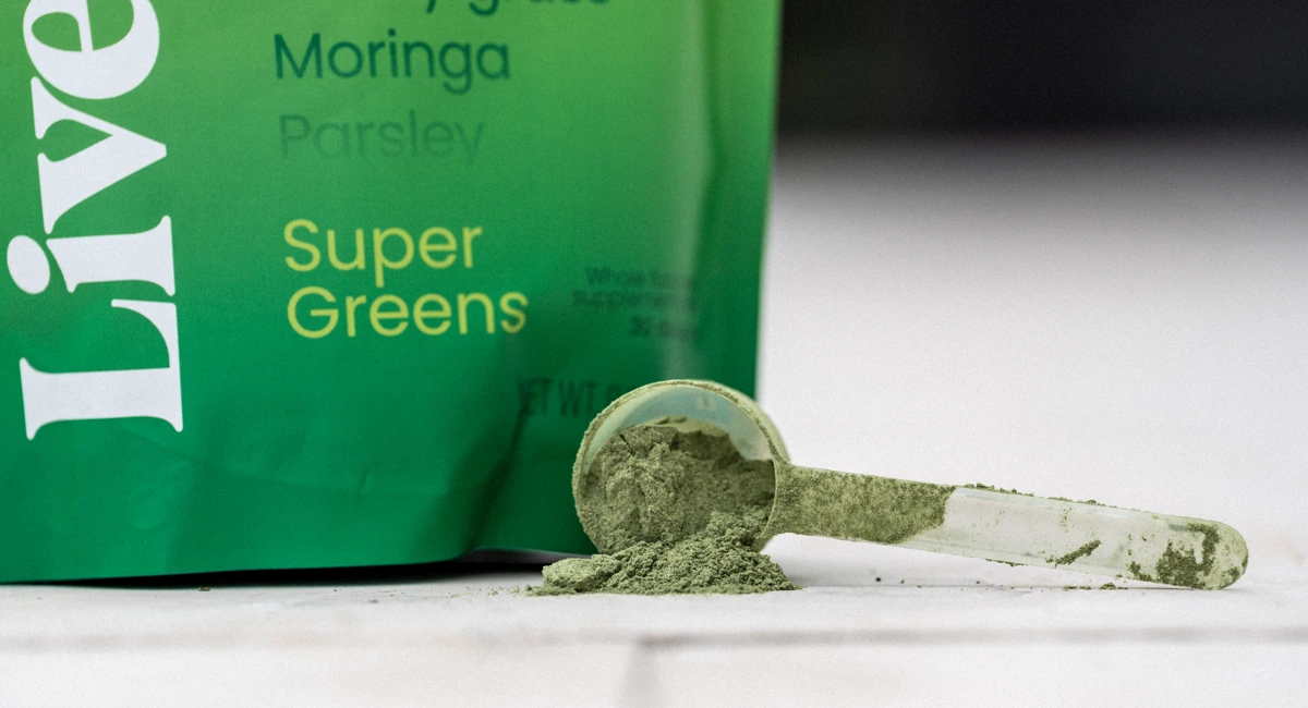 Live It Up Super Greens powder close up
