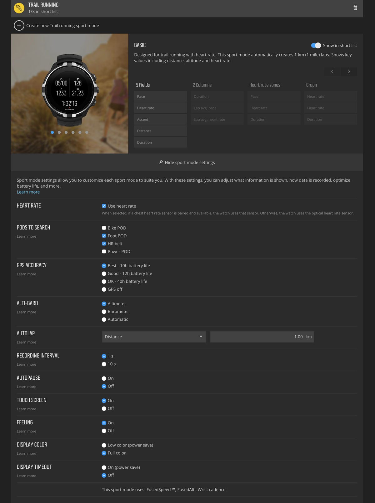 Suunto Movescount watch settings - Suunto Spartan Sport Wrist HR Baro - Trail & Kale