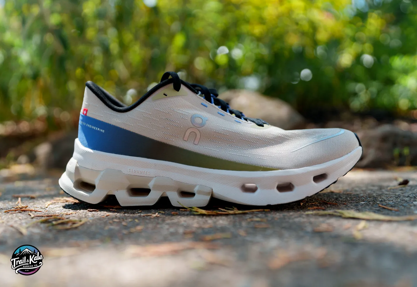 You can clearly see the On Cloudspark's toebox rocker design when looking at these running shoes side-on