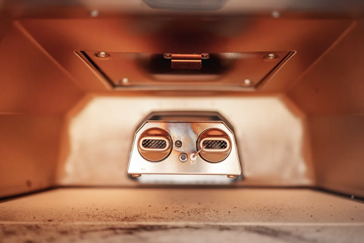 A peek inside the Ooni oven (showing the gas burner).
