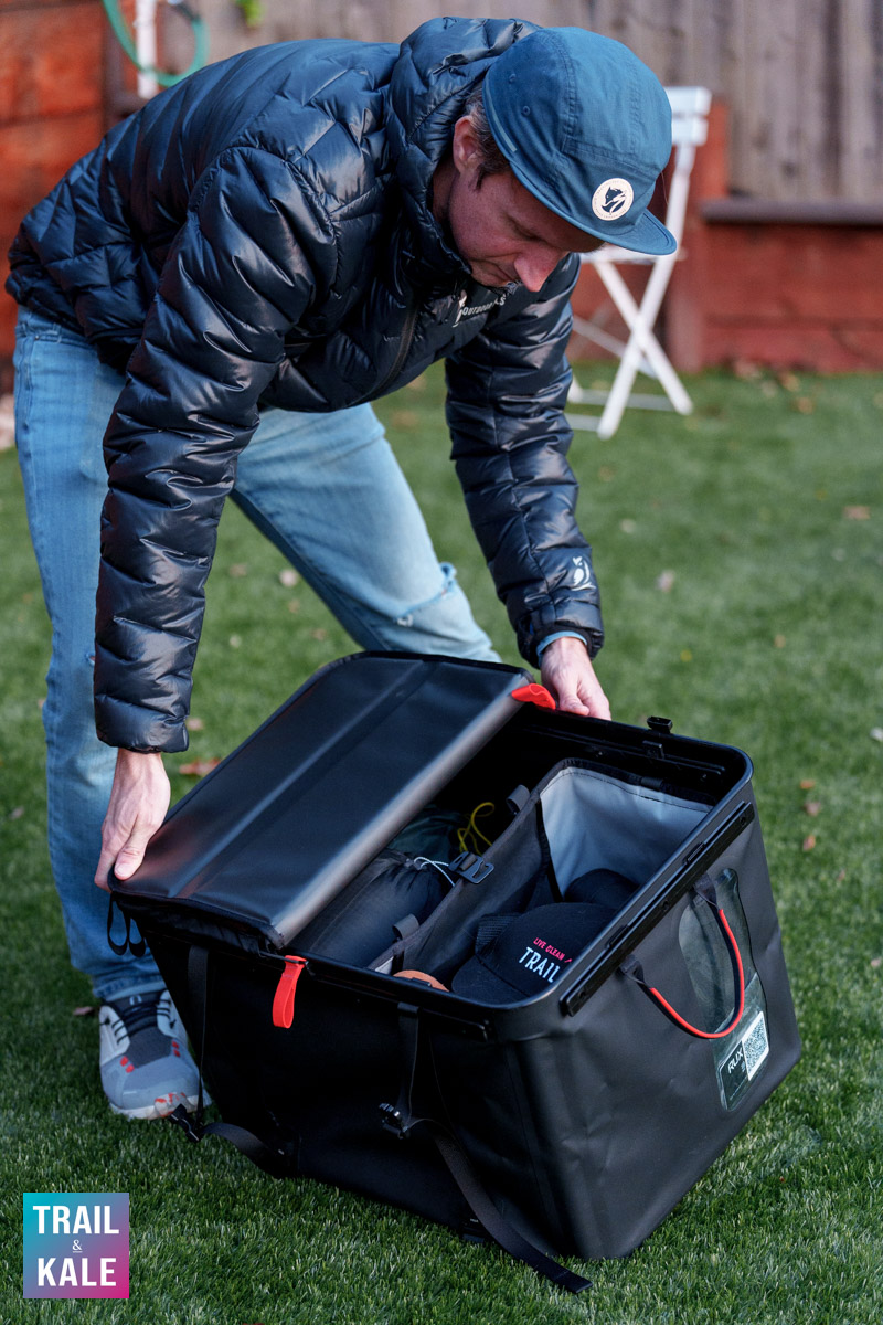 RUX 70L lid folds half way bag for easy access