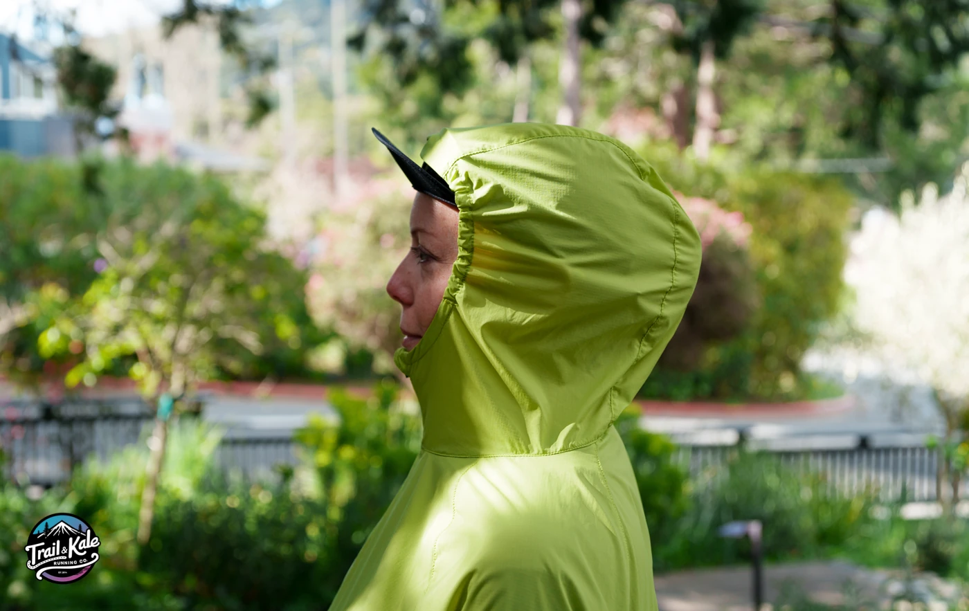 A closer look at this Stio windshell jacket's hood - it fits well even with a cap, doesn't flap around and offers good peripheral visibility.