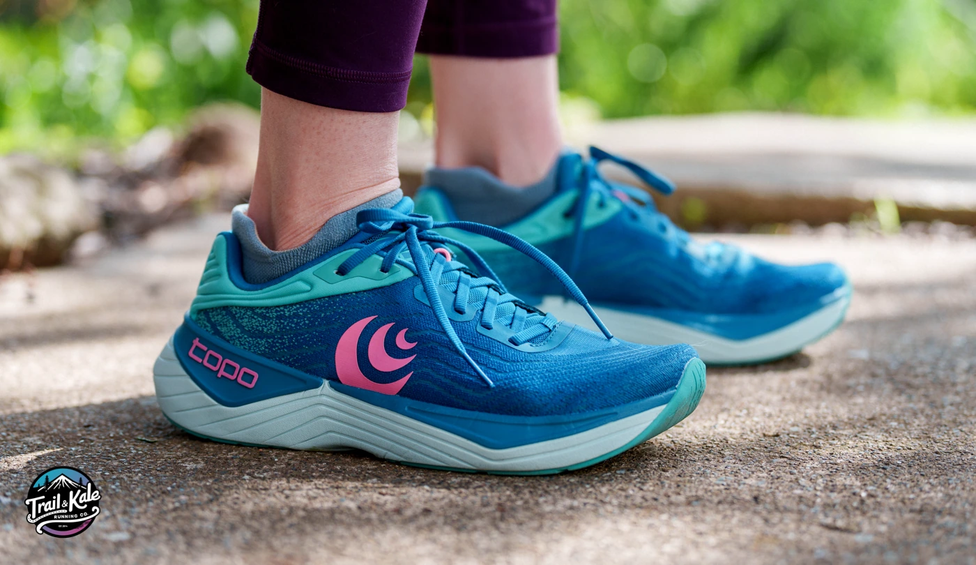 A side view of the Topo Athletic Ultrafly 5 showing off the sleek design, low stack height and, IMO, super-attractive colorway