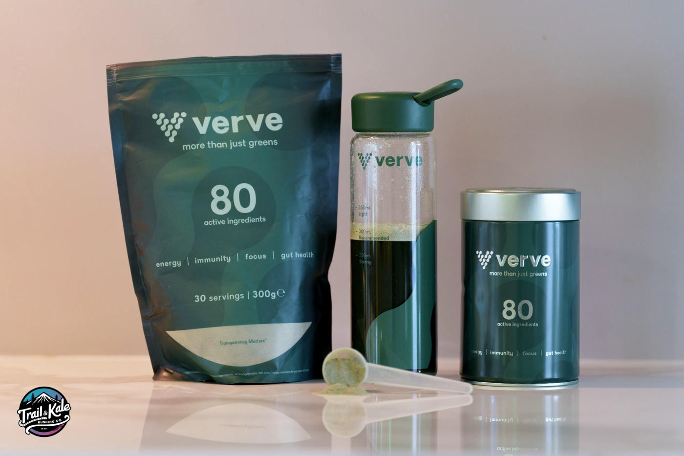 The Verve V80 subscription starter pack comes with a reusable glass bottle and metal storage tin for your greens powder.
