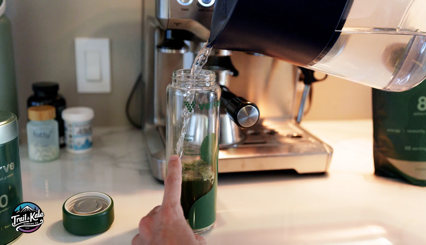 Mixing the Verve V80 transparent greens powder with filtered purified water from my LARQ UV pitcher