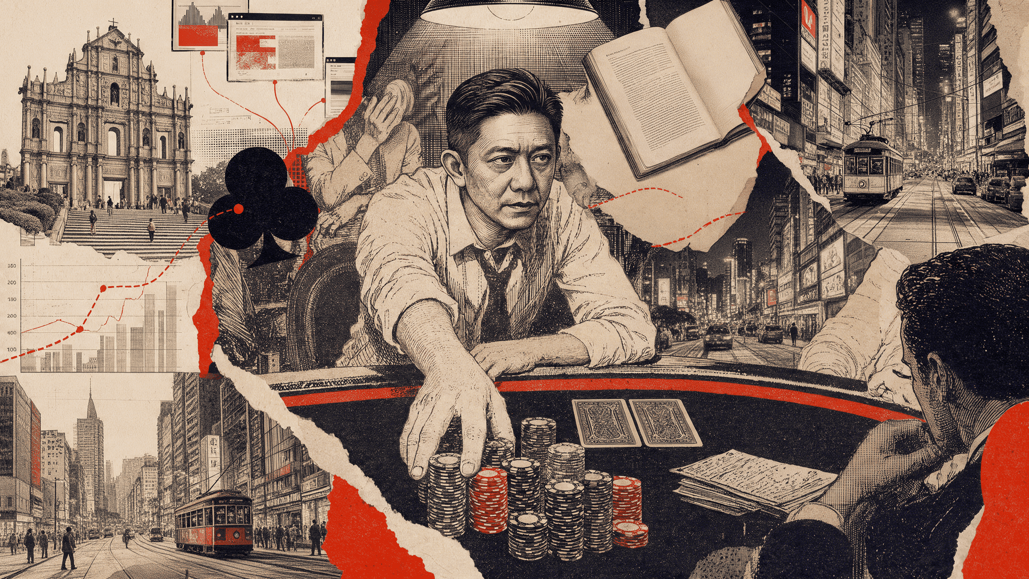 Illustrated poker player reaching toward chips, surrounded by city scenes and financial charts.