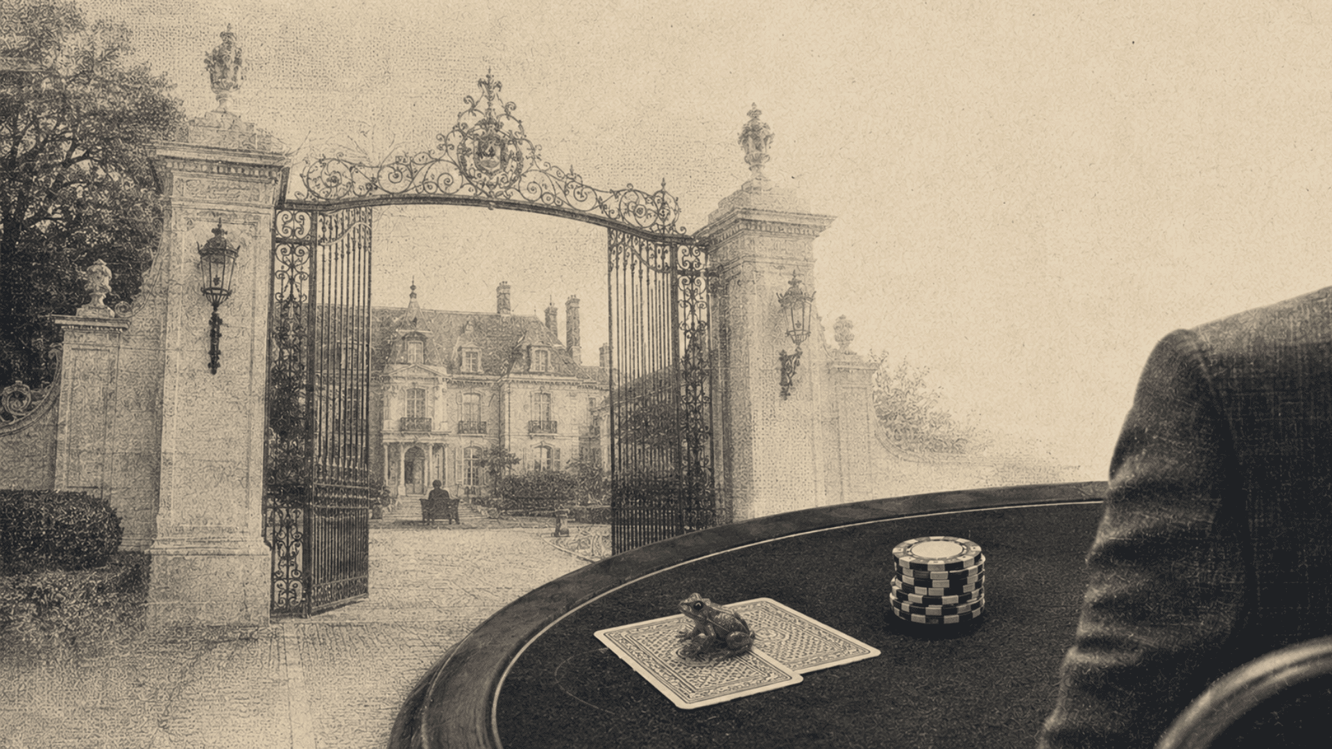 Illustration combining ornate mansion gates, poker chips and a seated figure.
