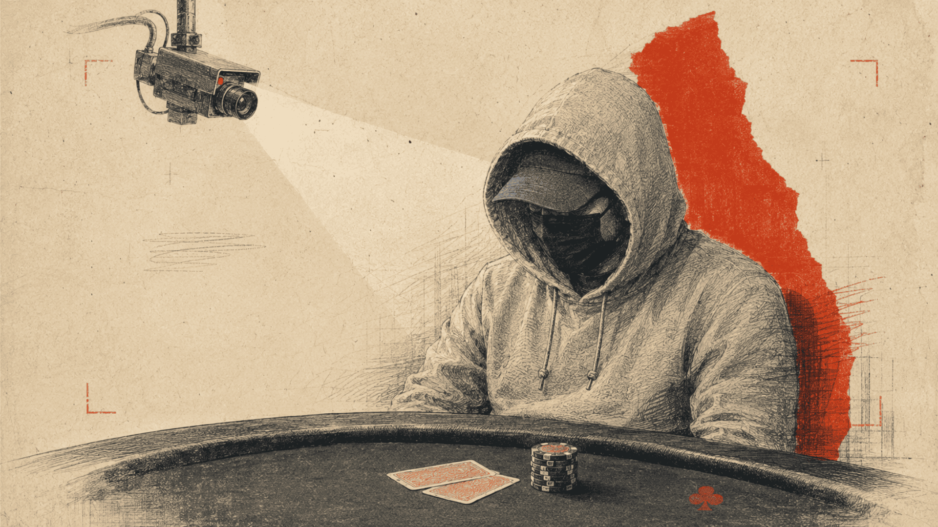 Illustration of a masked, hooded player at a poker table beneath a video camera.