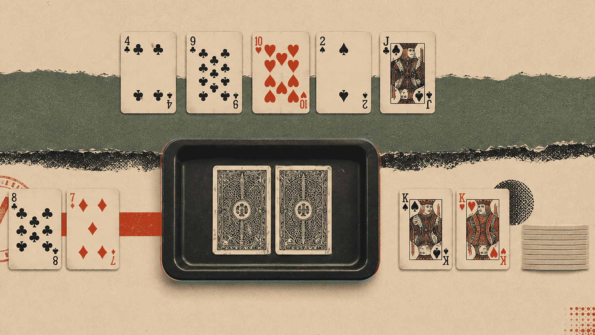 Illustrated poker layout with five community cards above a pair of face-down cards and players’ hands.