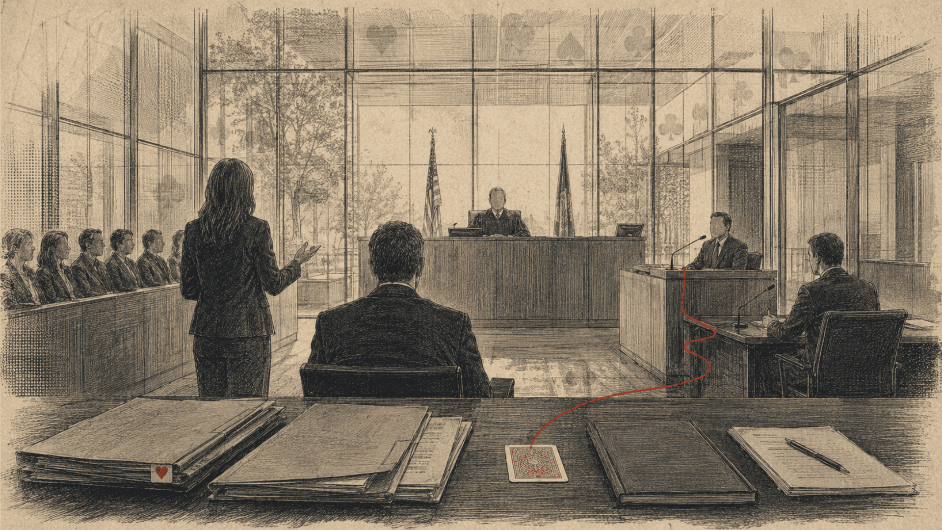 Illustration of a lawyer addressing a courtroom, viewed from behind the defense table.