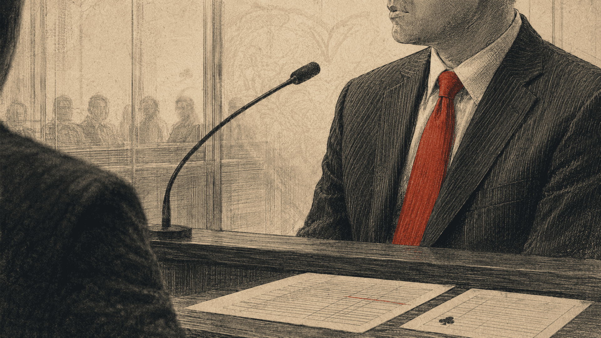 Illustration of a man in a dark suit and red tie speaking into a courtroom microphone.